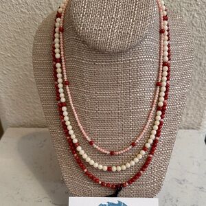 Red, pink & white Coral 3 strand necklace with a silver filled toggle clasp NWT